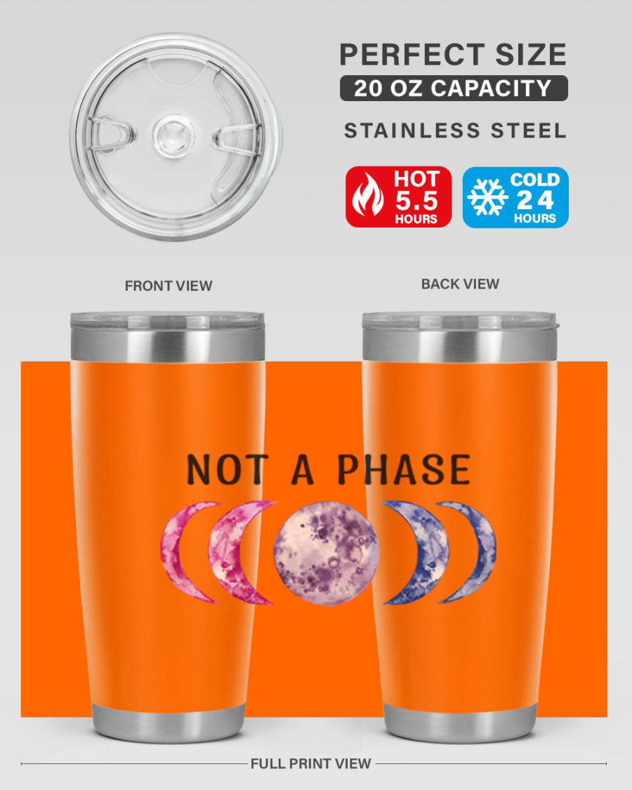 Bi Pride Not A Phase tumbler featuring a vibrant bisexual pride design, made from stainless steel with a drink-thru lid.