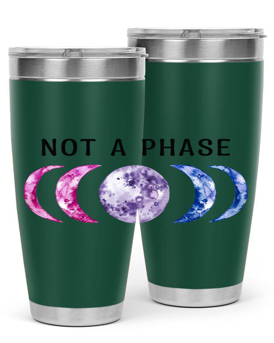 Bi Pride Not A Phase tumbler featuring a vibrant bisexual pride design, made from stainless steel with a drink-thru lid.