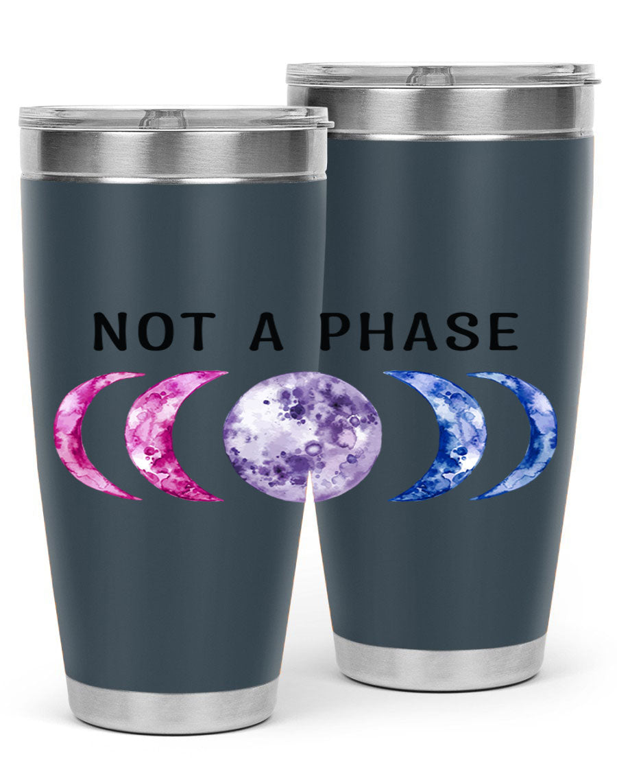 Bi Pride Not A Phase tumbler featuring a vibrant bisexual pride design, made from stainless steel with a drink-thru lid.