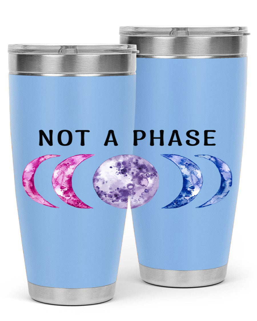 Bi Pride Not A Phase tumbler featuring a vibrant bisexual pride design, made from stainless steel with a drink-thru lid.