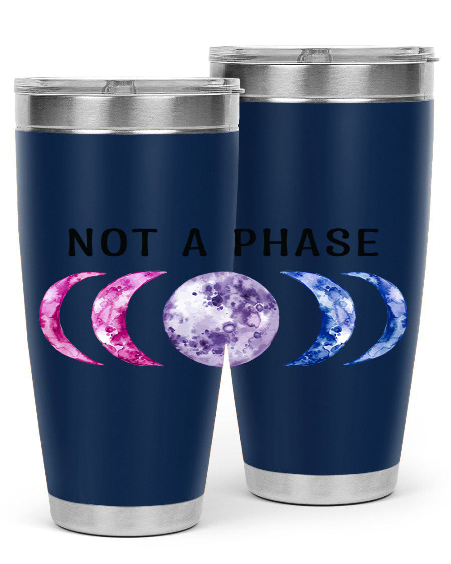 Bi Pride Not A Phase tumbler featuring a vibrant bisexual pride design, made from stainless steel with a drink-thru lid.