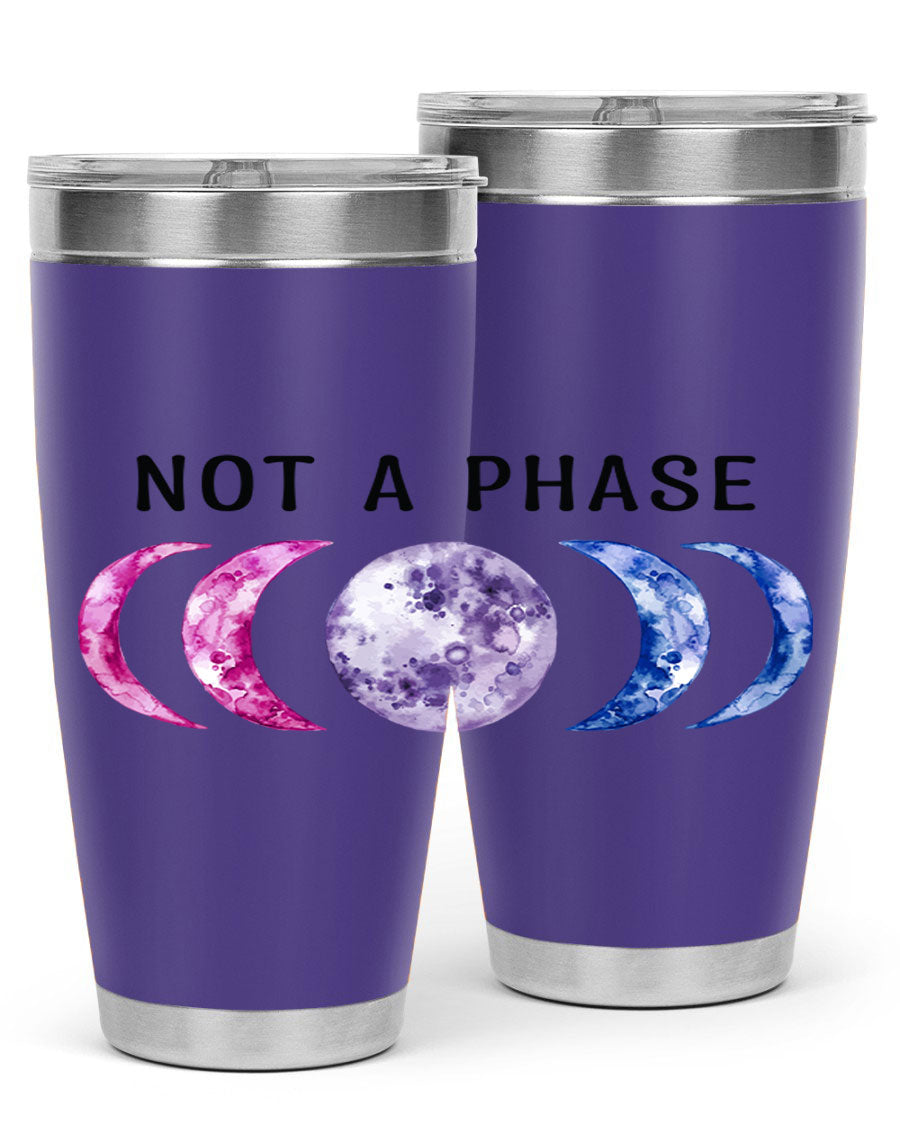 Bi Pride Not A Phase tumbler featuring a vibrant bisexual pride design, made from stainless steel with a drink-thru lid.