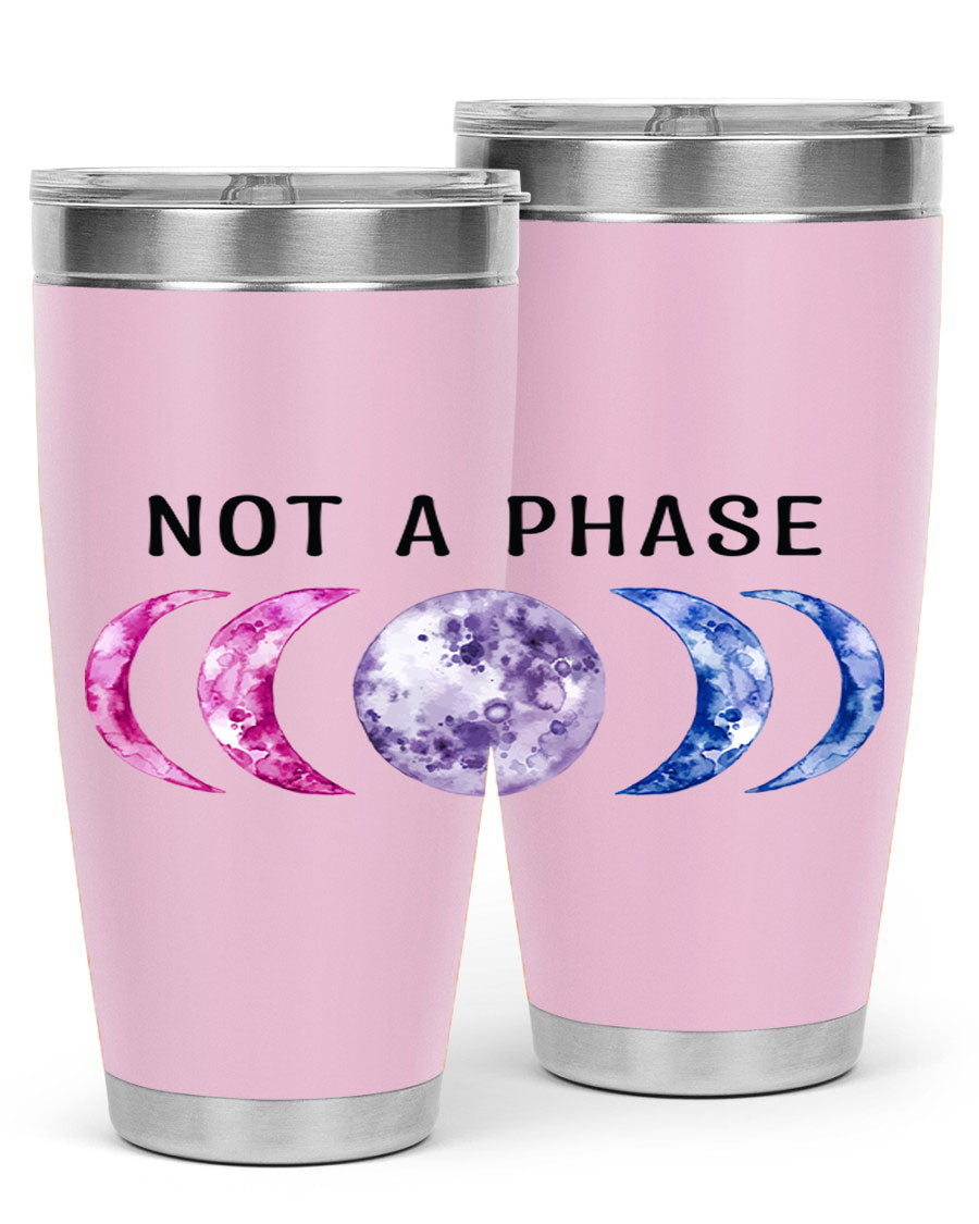 Bi Pride Not A Phase tumbler featuring a vibrant bisexual pride design, made from stainless steel with a drink-thru lid.