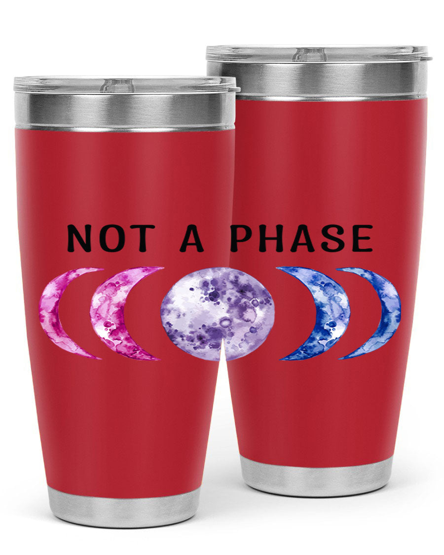 Bi Pride Not A Phase tumbler featuring a vibrant bisexual pride design, made from stainless steel with a drink-thru lid.