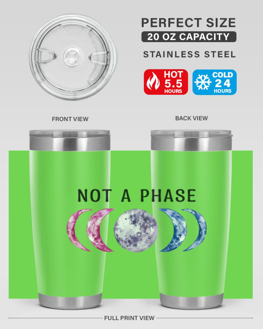 Bi Pride Not A Phase tumbler featuring a vibrant bisexual pride design, made from stainless steel with a drink-thru lid.