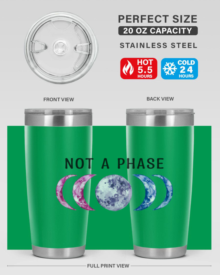 Bi Pride Not A Phase tumbler featuring a vibrant bisexual pride design, made from stainless steel with a drink-thru lid.