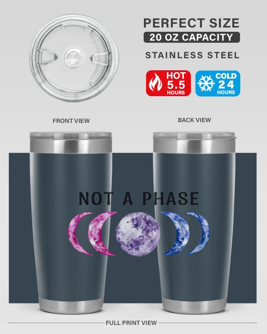 Bi Pride Not A Phase tumbler featuring a vibrant bisexual pride design, made from stainless steel with a drink-thru lid.