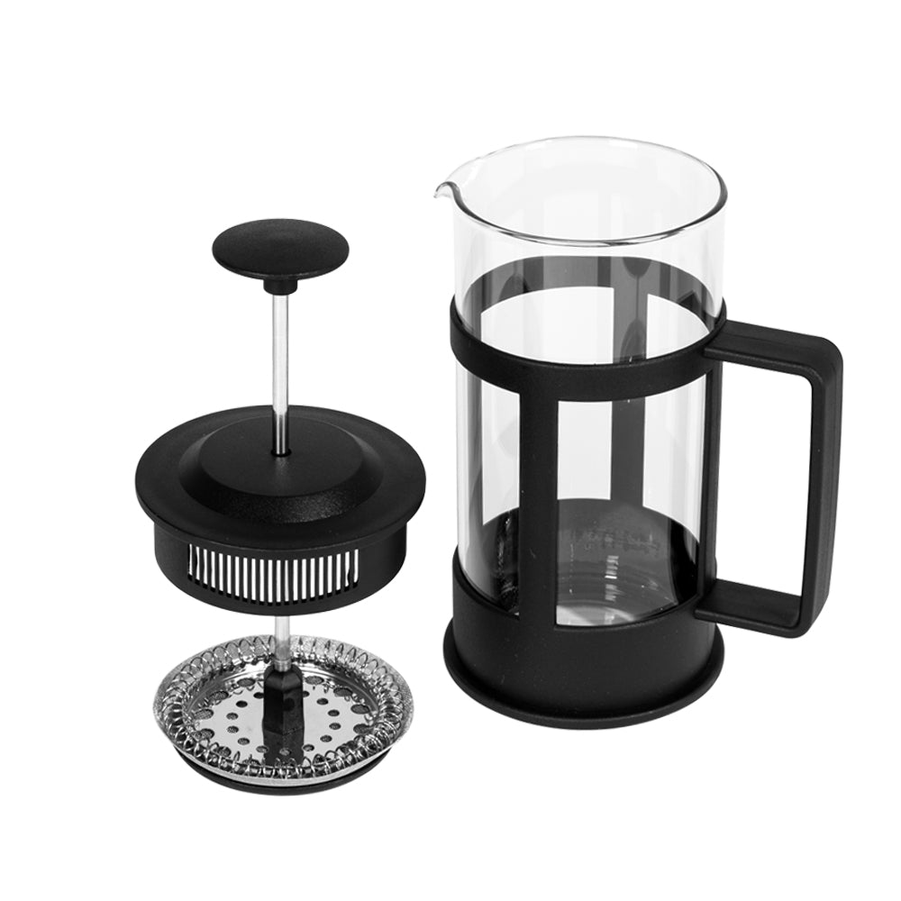 BiggCoffee FY04 French Press 350 ML aus Edelstahl und Borosilikatglas mit hitzebeständigem Kunststoffgriff, ideal für perfekten Kaffee.