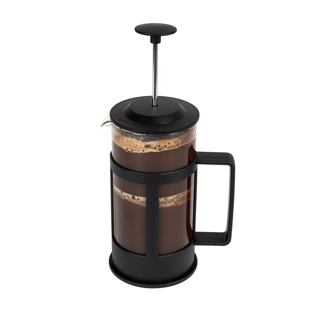 BiggCoffee FY04 French Press 350 ML aus Edelstahl und Borosilikatglas mit hitzebeständigem Kunststoffgriff, ideal für perfekten Kaffee.