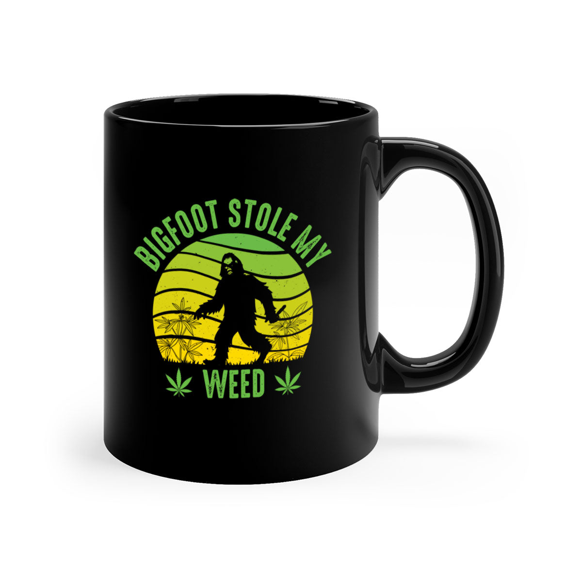 Bigfoot Stole My Weed Mug with colorful handle and glossy finish, available in two sizes and five color options.