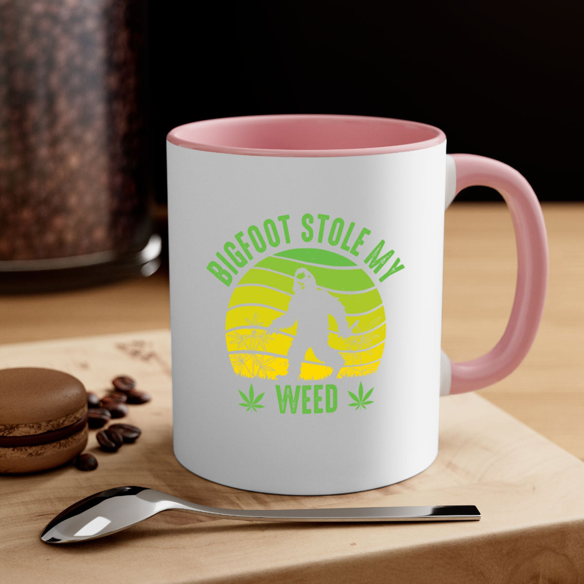 Bigfoot Stole My Weed Mug with colorful handle and glossy finish, available in two sizes and five color options.