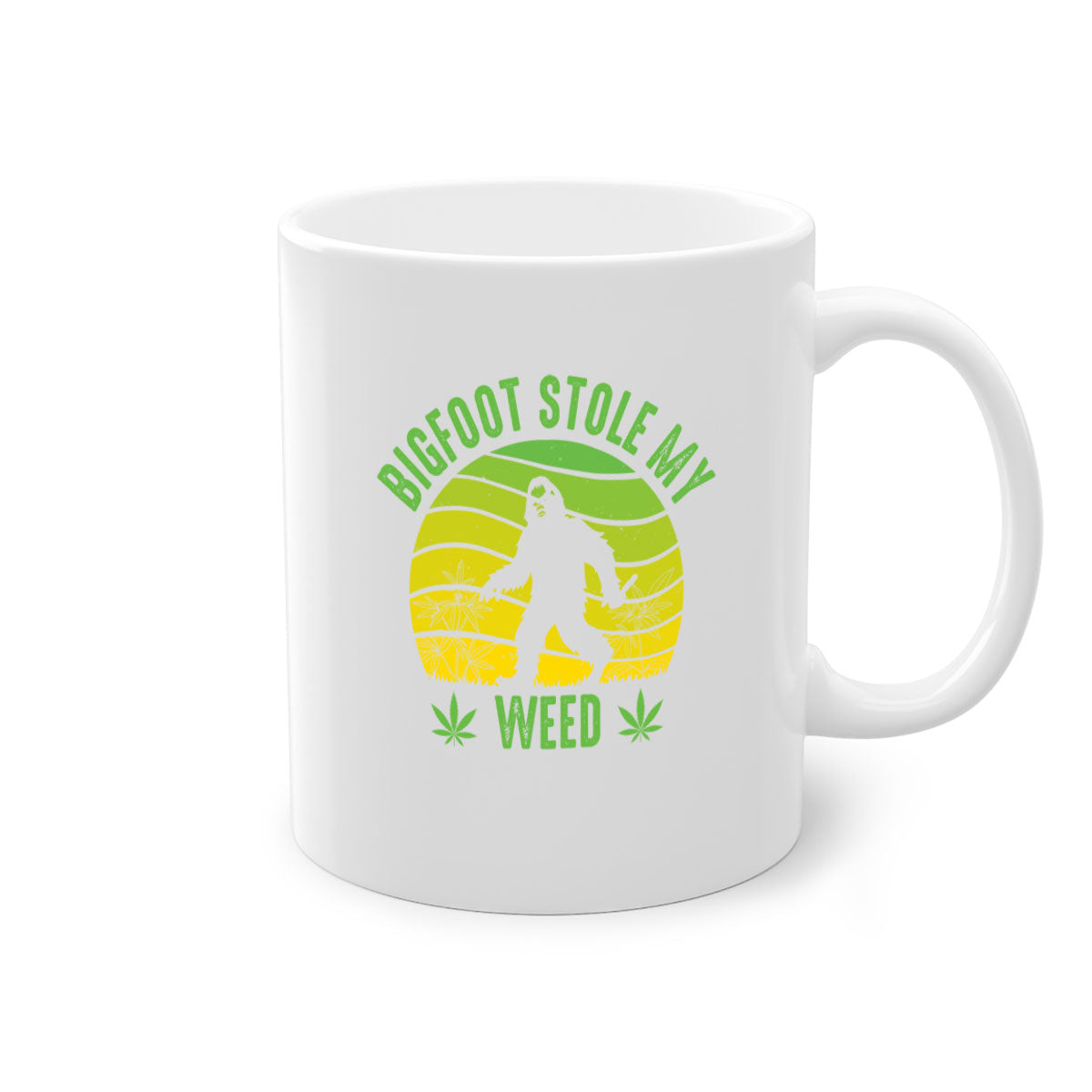 Bigfoot Stole My Weed Mug with colorful handle and glossy finish, available in two sizes and five color options.