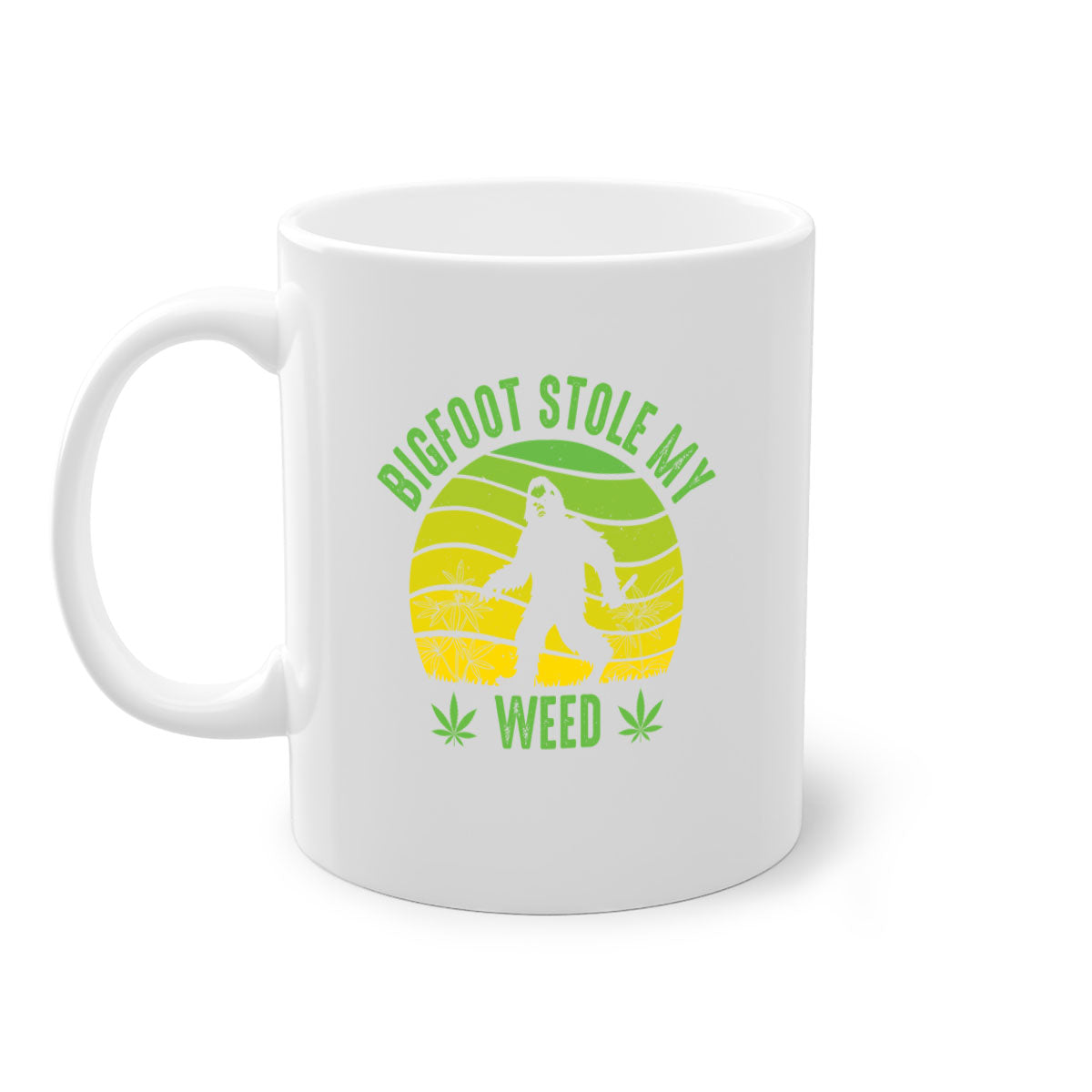 Bigfoot Stole My Weed Mug with colorful handle and glossy finish, available in two sizes and five color options.