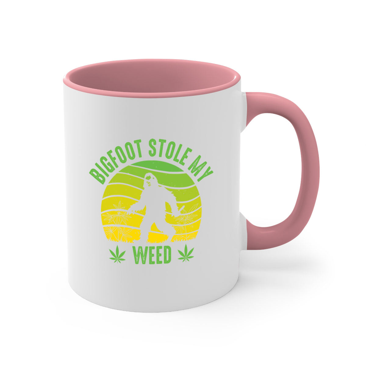 Bigfoot Stole My Weed Mug with colorful handle and glossy finish, available in two sizes and five color options.