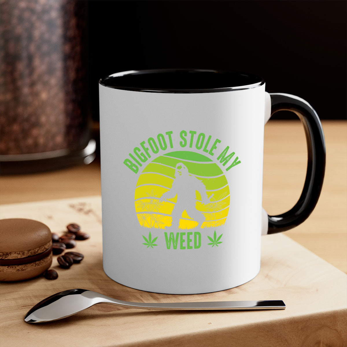 Bigfoot Stole My Weed Mug with colorful handle and glossy finish, available in two sizes and five color options.