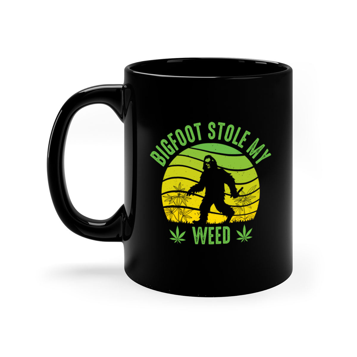 Bigfoot Stole My Weed Mug with colorful handle and glossy finish, available in two sizes and five color options.