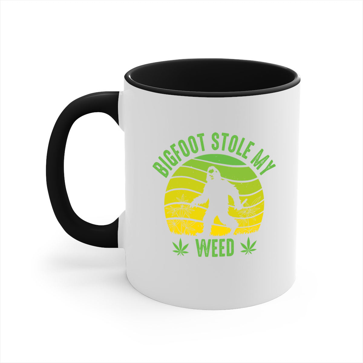 Bigfoot Stole My Weed Mug with colorful handle and glossy finish, available in two sizes and five color options.