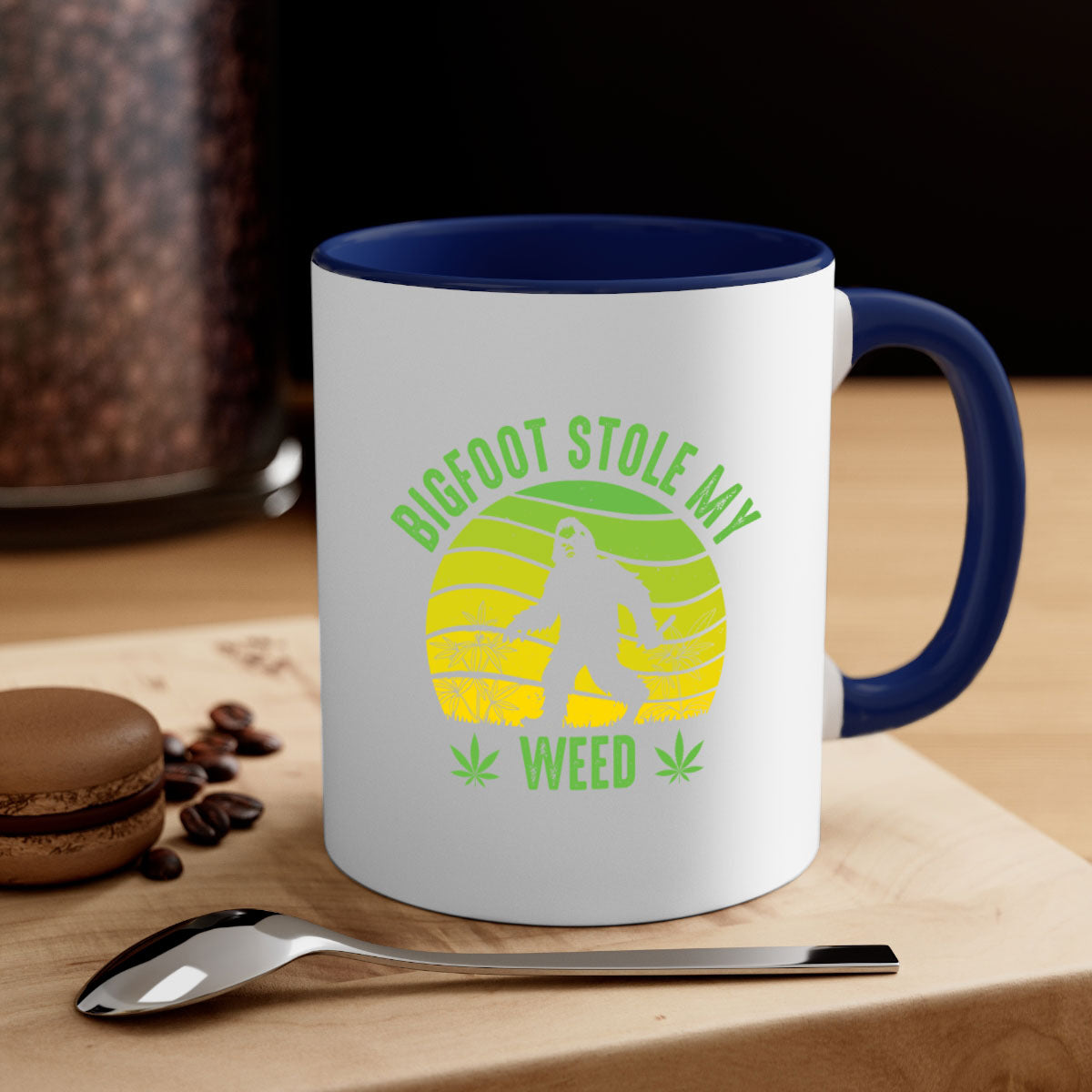 Bigfoot Stole My Weed Mug with colorful handle and glossy finish, available in two sizes and five color options.