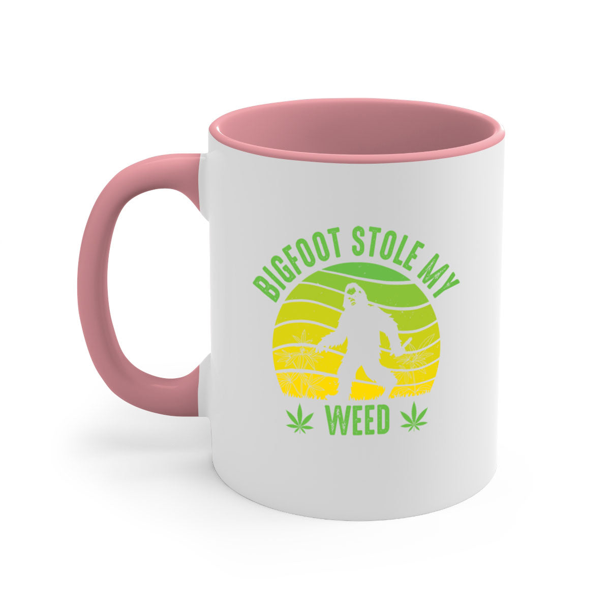 Bigfoot Stole My Weed Mug with colorful handle and glossy finish, available in two sizes and five color options.