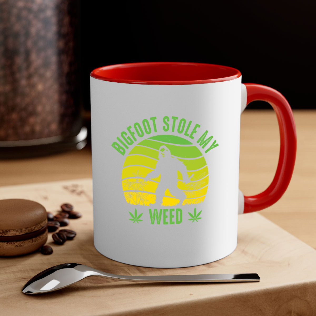 Bigfoot Stole My Weed Mug with colorful handle and glossy finish, available in two sizes and five color options.