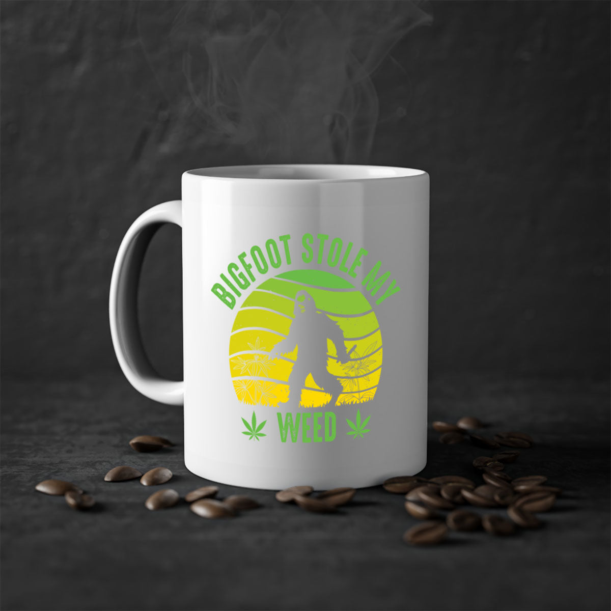 Bigfoot Stole My Weed Mug with colorful handle and glossy finish, available in two sizes and five color options.