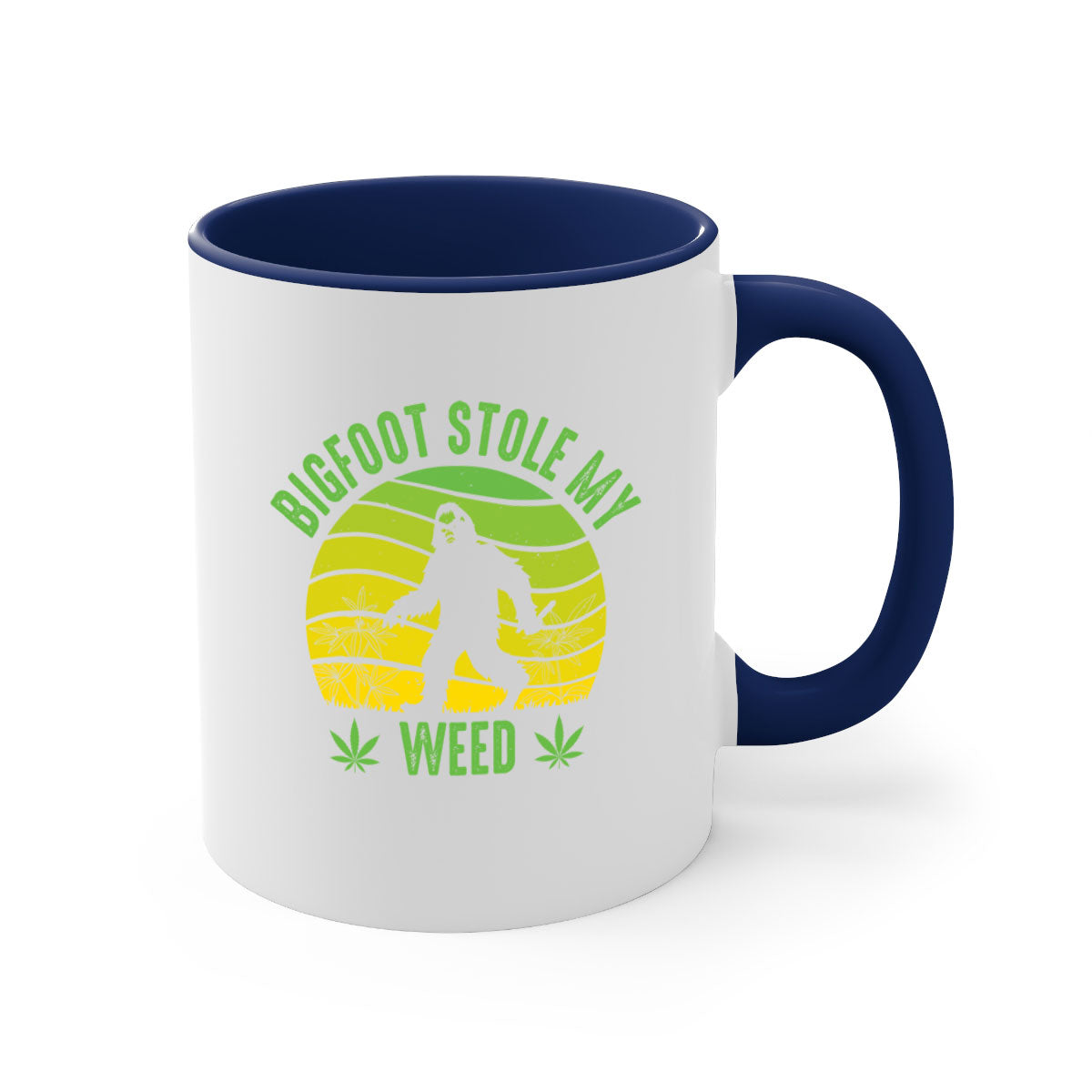 Bigfoot Stole My Weed Mug with colorful handle and glossy finish, available in two sizes and five color options.