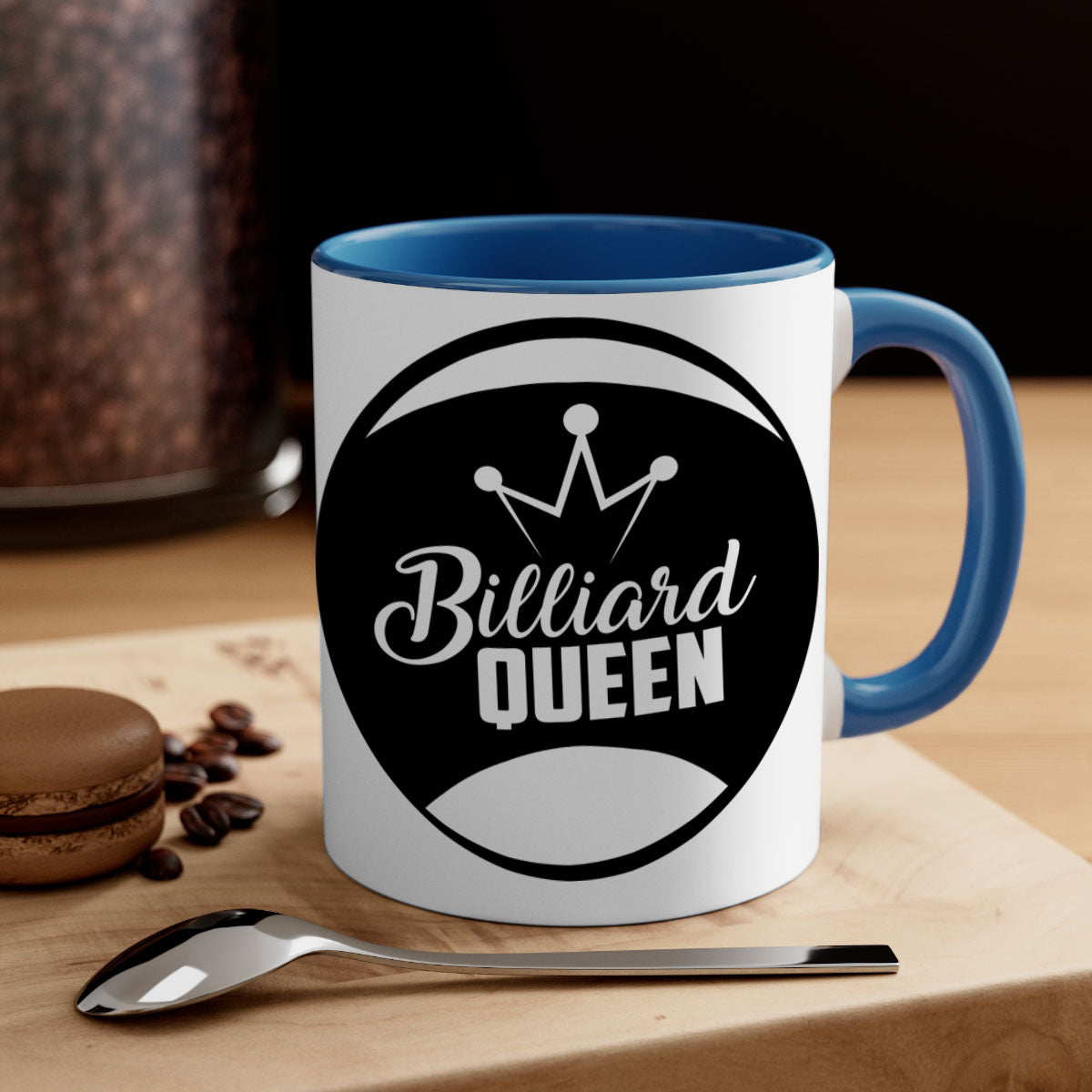 Billiard Queen 1415# Mug with colorful handle and glossy finish, available in multiple colors and sizes.