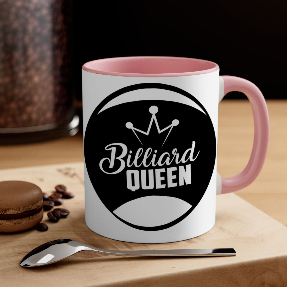 Billiard Queen 1415# Mug with colorful handle and glossy finish, available in multiple colors and sizes.