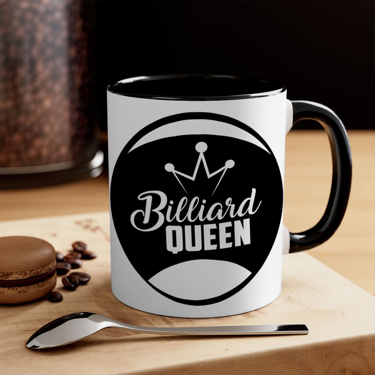 Billiard Queen 1415# Mug with colorful handle and glossy finish, available in multiple colors and sizes.