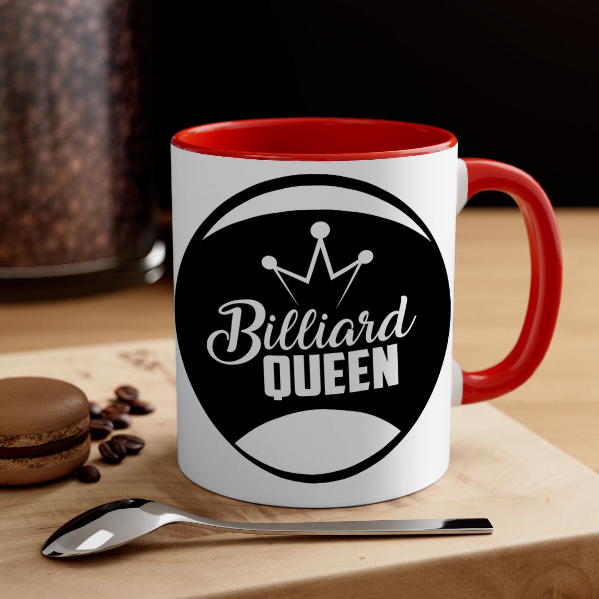 Billiard Queen 1415# Mug with colorful handle and glossy finish, available in multiple colors and sizes.