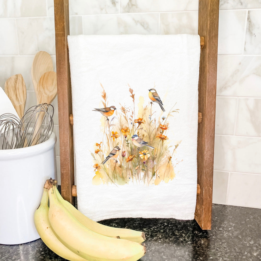 Birds in Tall Grass cotton tea towel featuring vibrant nature-inspired design, perfect for kitchen use.