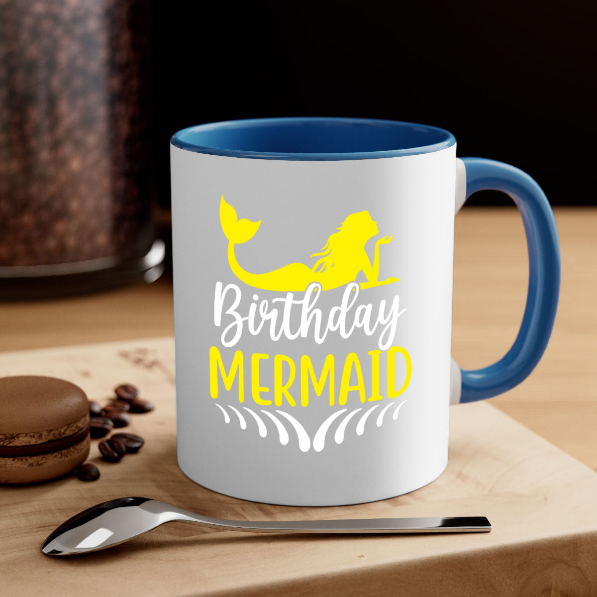 Birthday Mermaid Mug featuring a two-tone design with a colored handle and glossy finish, available in multiple colors.