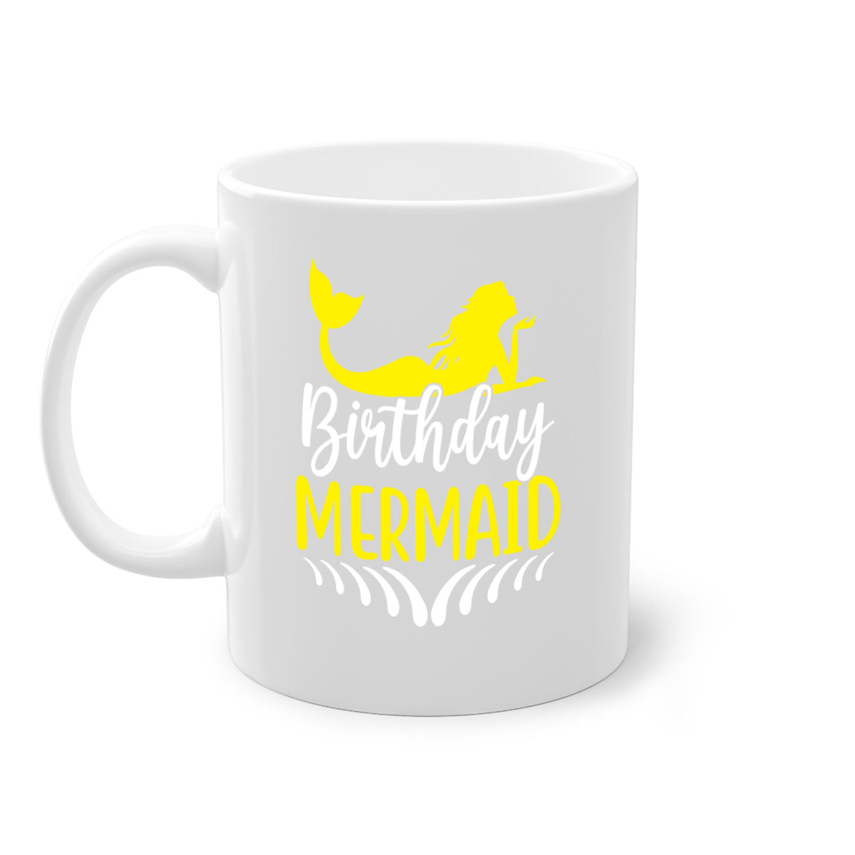 Birthday Mermaid Mug featuring a two-tone design with a colored handle and glossy finish, available in multiple colors.