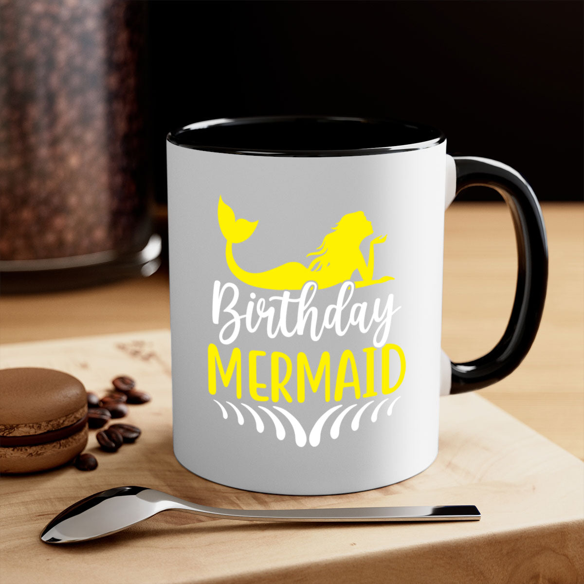 Birthday Mermaid Mug featuring a two-tone design with a colored handle and glossy finish, available in multiple colors.