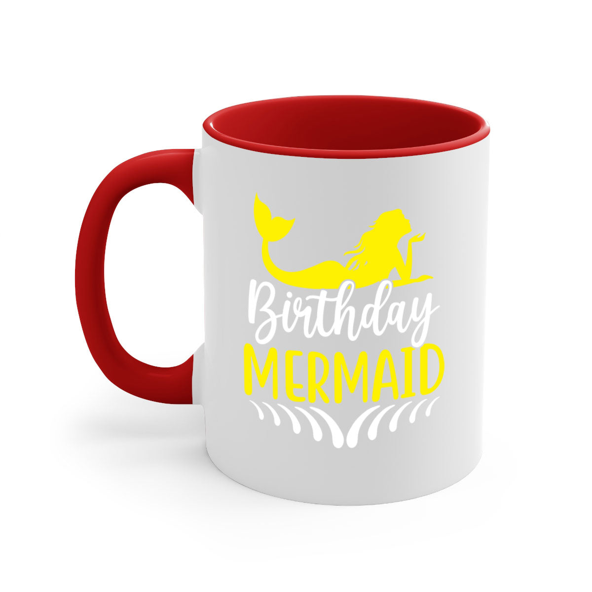 Birthday Mermaid Mug featuring a two-tone design with a colored handle and glossy finish, available in multiple colors.