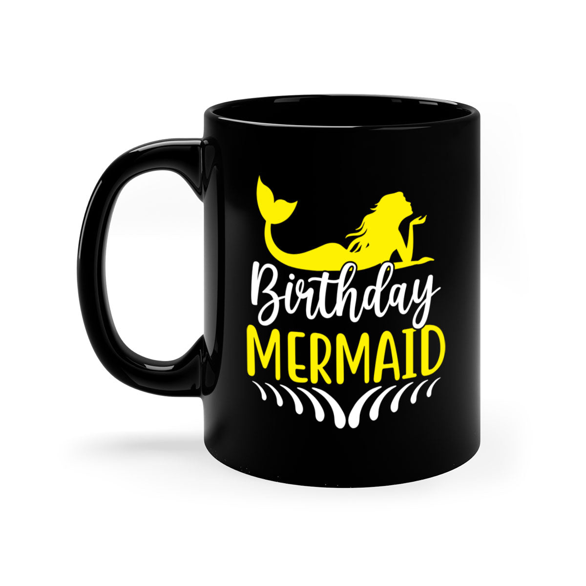 Birthday Mermaid Mug featuring a two-tone design with a colored handle and glossy finish, available in multiple colors.