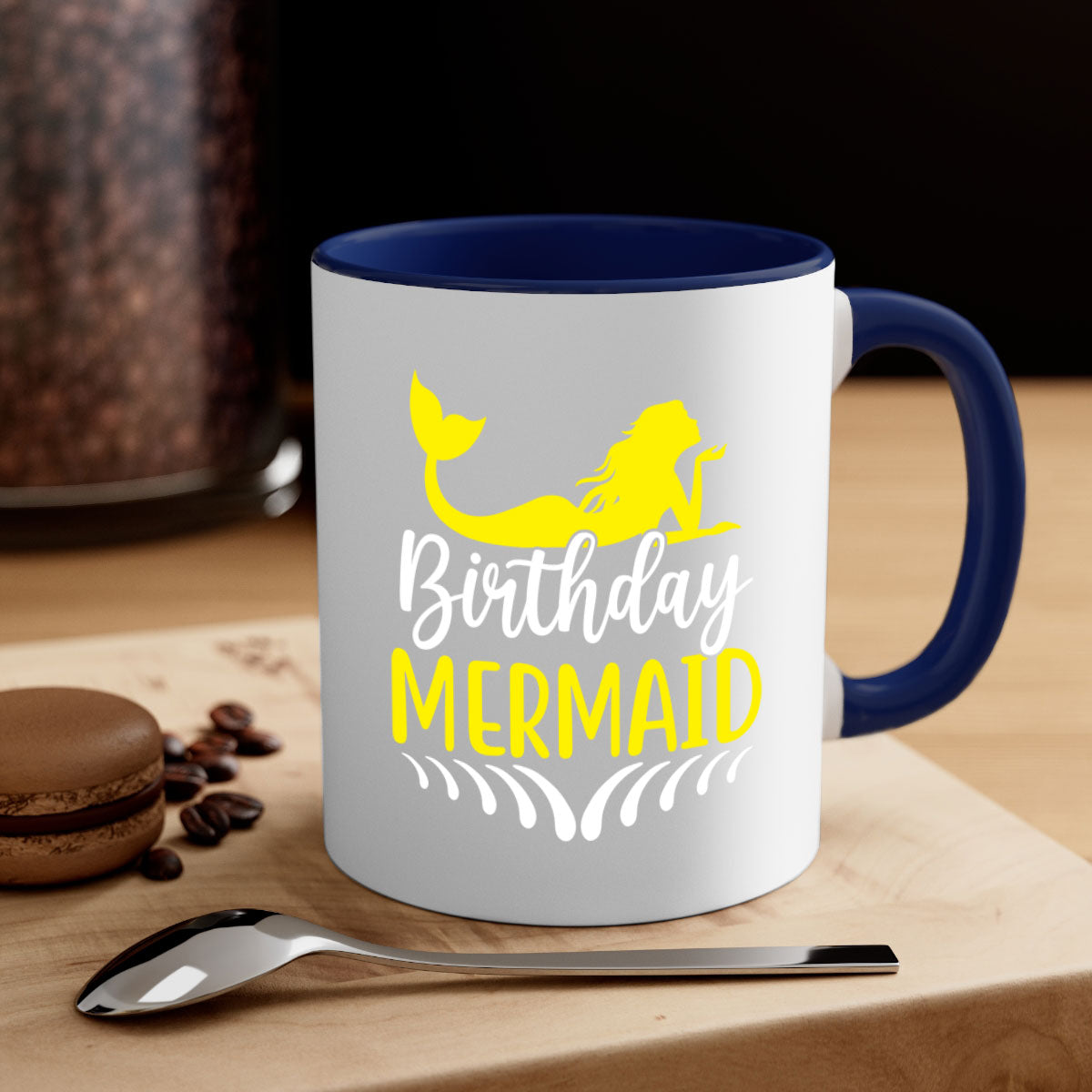 Birthday Mermaid Mug featuring a two-tone design with a colored handle and glossy finish, available in multiple colors.