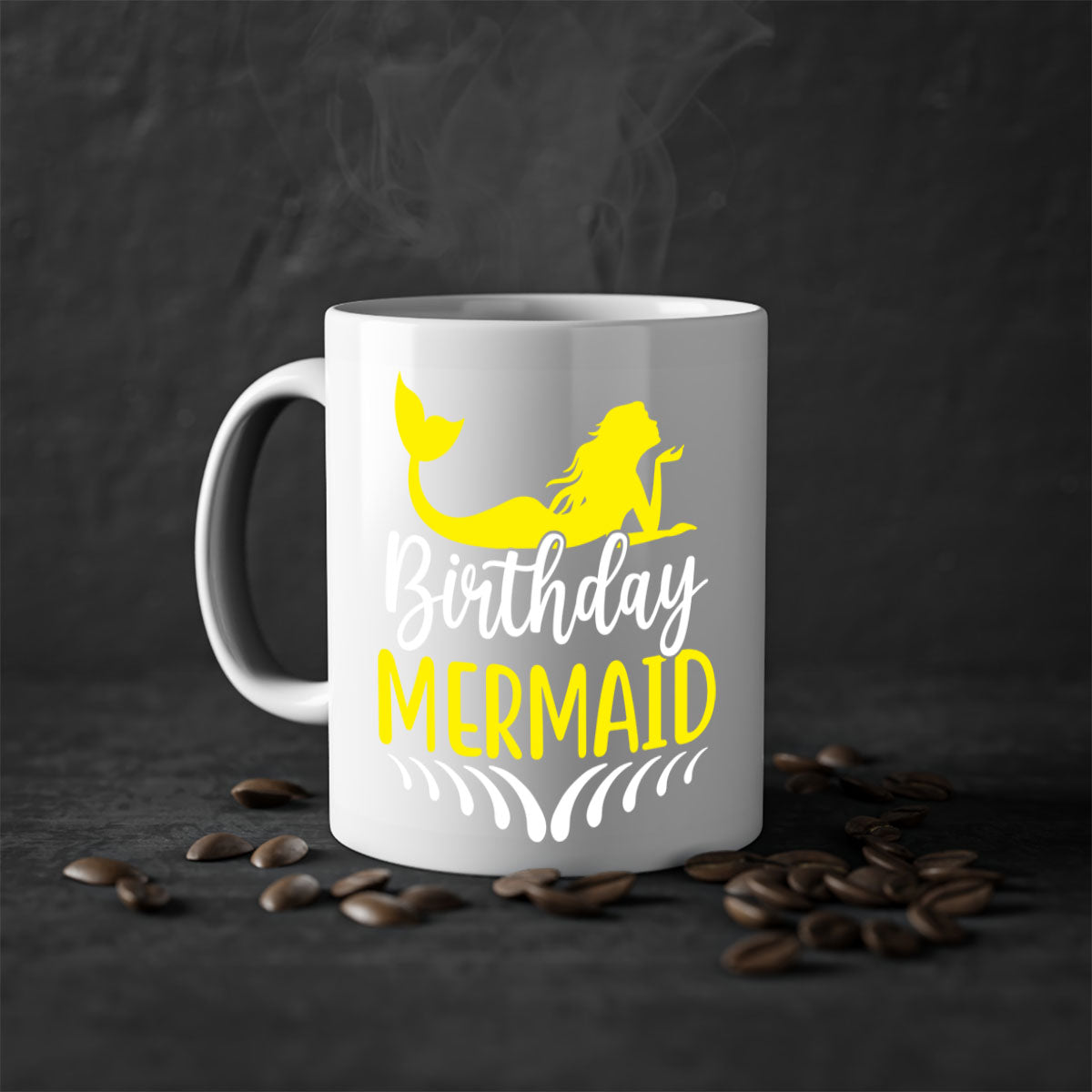 Birthday Mermaid Mug featuring a two-tone design with a colored handle and glossy finish, available in multiple colors.