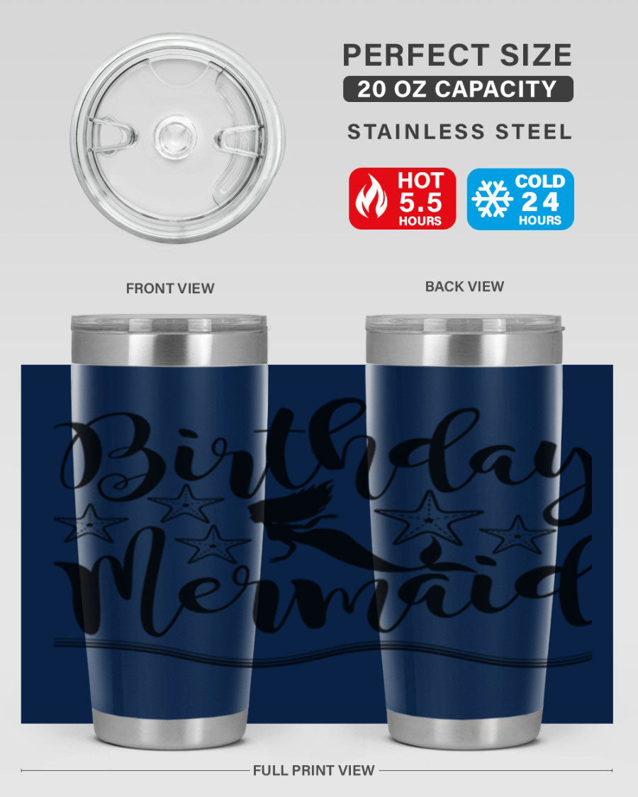 Birthday Mermaid 77# Tumbler in vibrant colors, showcasing its double wall stainless steel design and drink-thru lid.