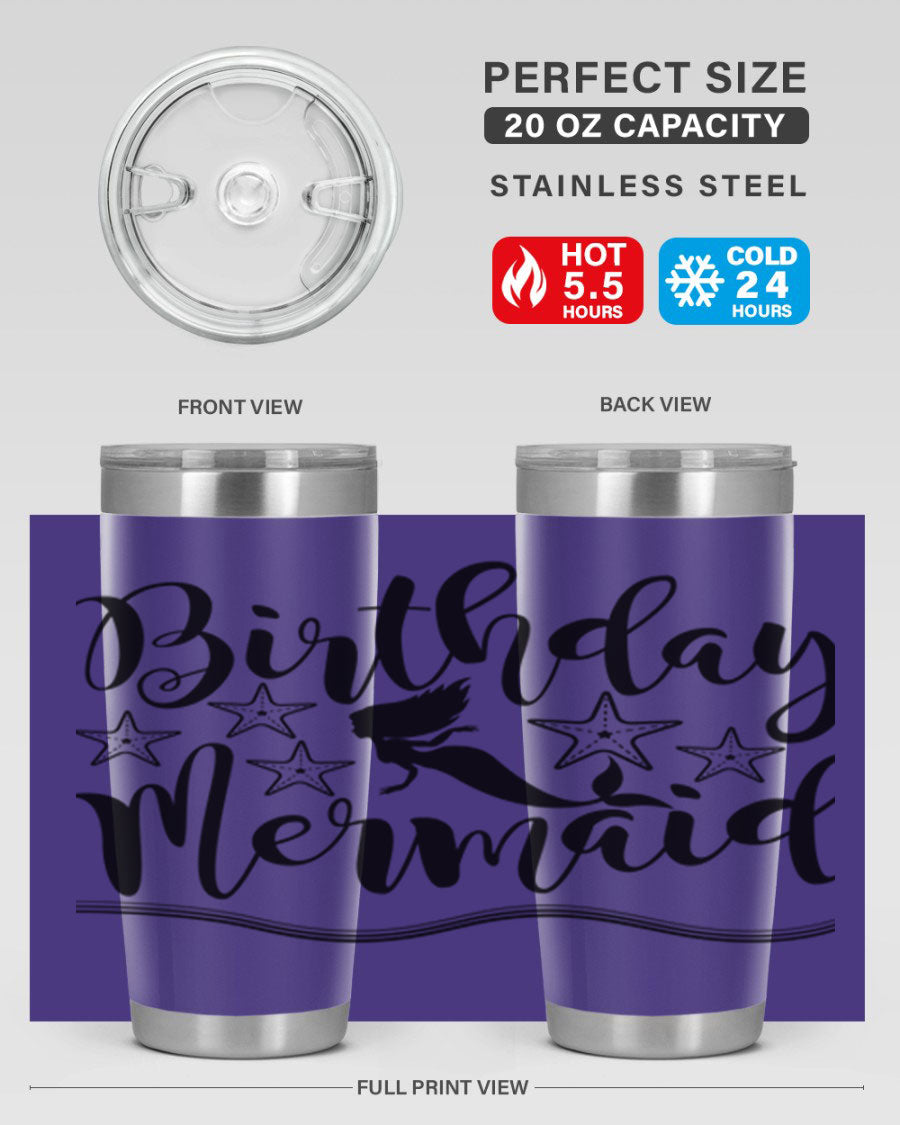 Birthday Mermaid 77# Tumbler in vibrant colors, showcasing its double wall stainless steel design and drink-thru lid.