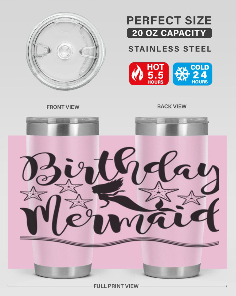 Birthday Mermaid 77# Tumbler in vibrant colors, showcasing its double wall stainless steel design and drink-thru lid.