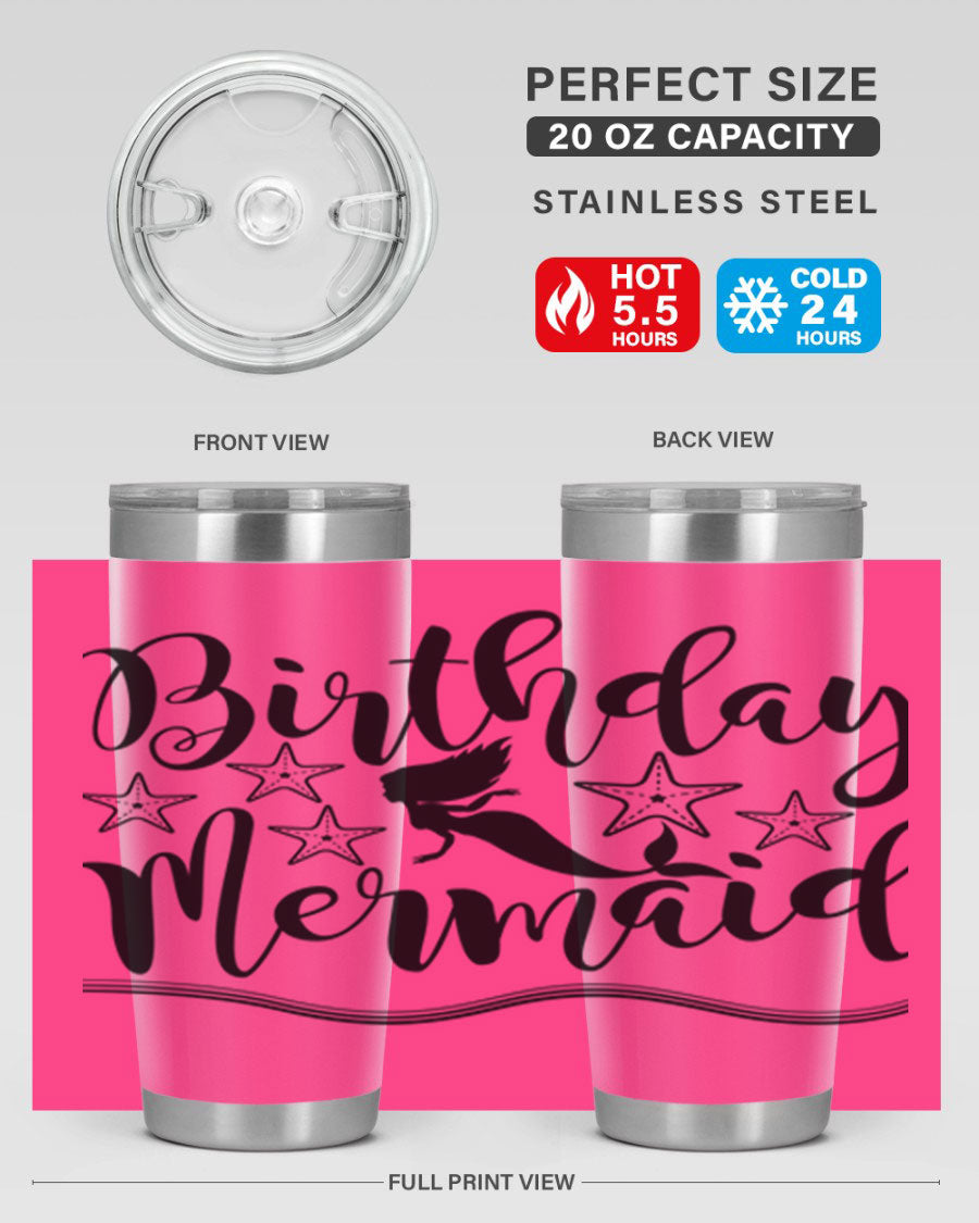 Birthday Mermaid 77# Tumbler in vibrant colors, showcasing its double wall stainless steel design and drink-thru lid.