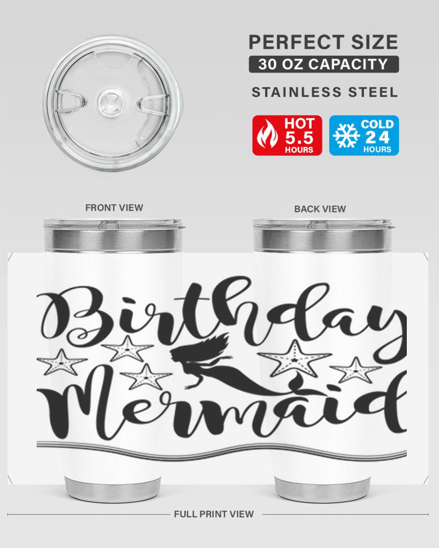 Birthday Mermaid 77# Tumbler in vibrant colors, showcasing its double wall stainless steel design and drink-thru lid.