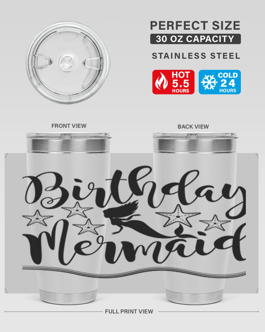 Birthday Mermaid 77# Tumbler in vibrant colors, showcasing its double wall stainless steel design and drink-thru lid.