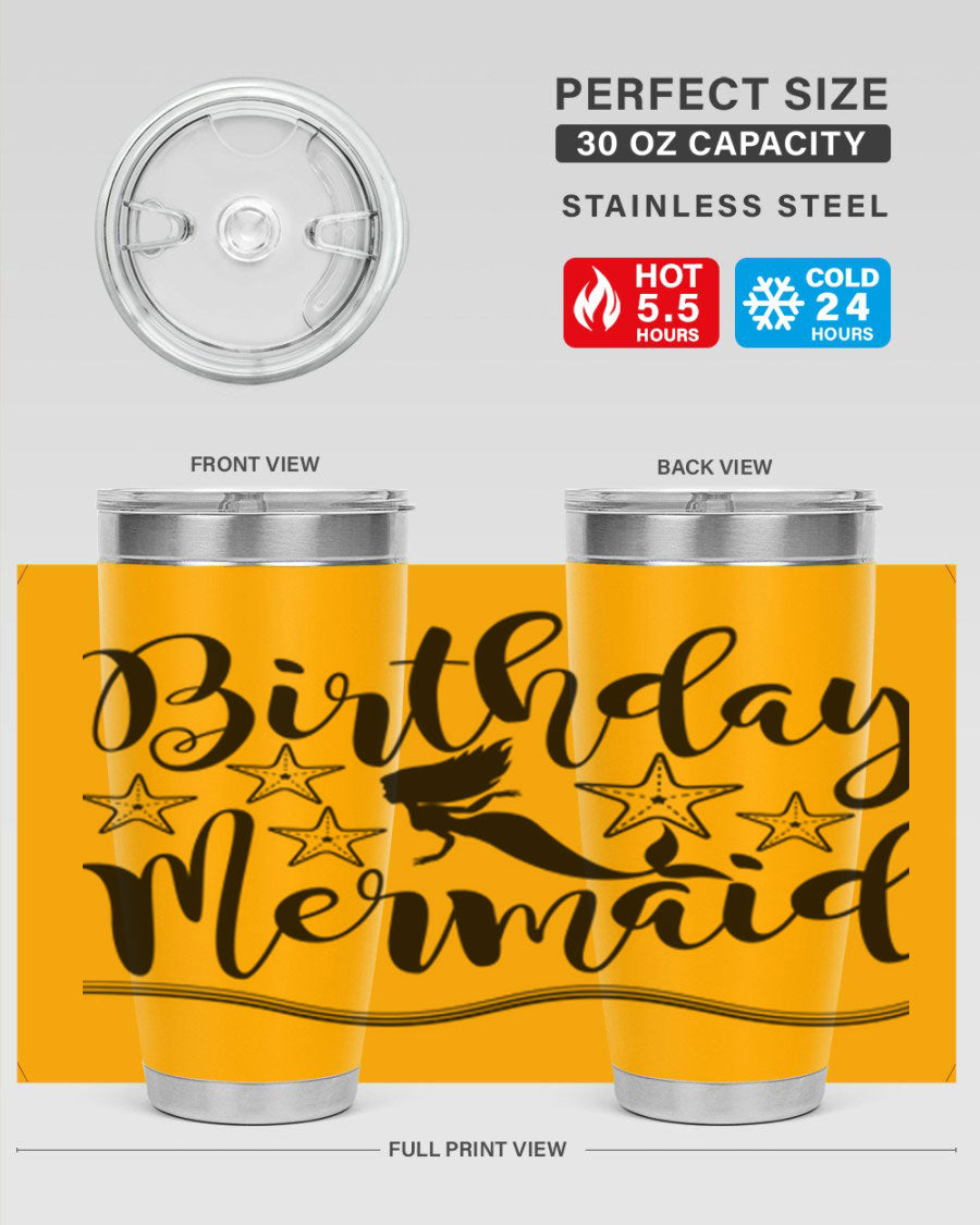 Birthday Mermaid 77# Tumbler in vibrant colors, showcasing its double wall stainless steel design and drink-thru lid.