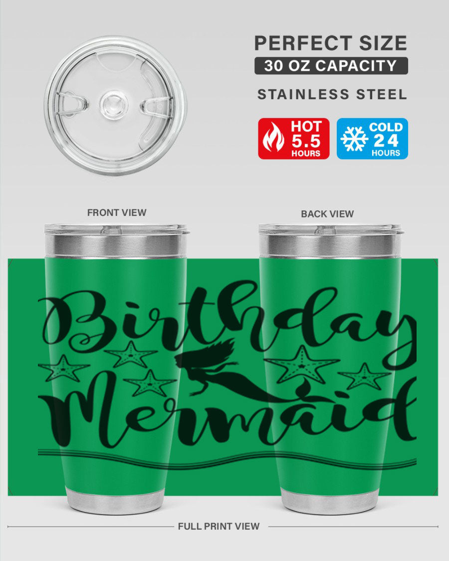 Birthday Mermaid 77# Tumbler in vibrant colors, showcasing its double wall stainless steel design and drink-thru lid.