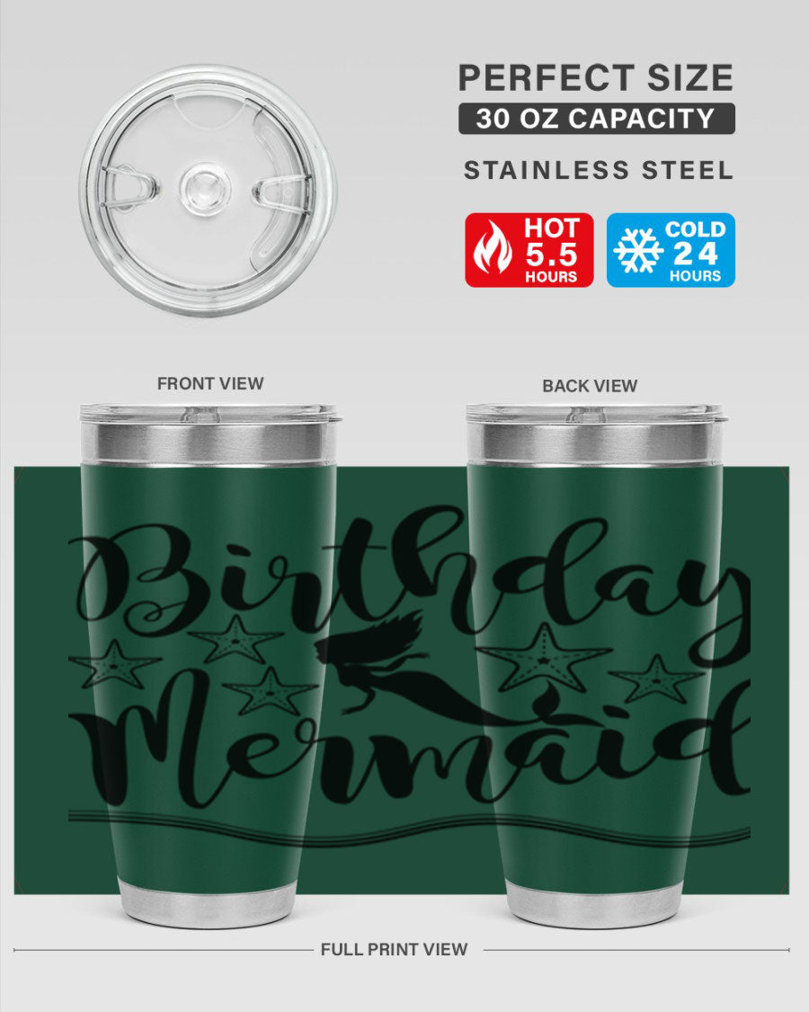 Birthday Mermaid 77# Tumbler in vibrant colors, showcasing its double wall stainless steel design and drink-thru lid.