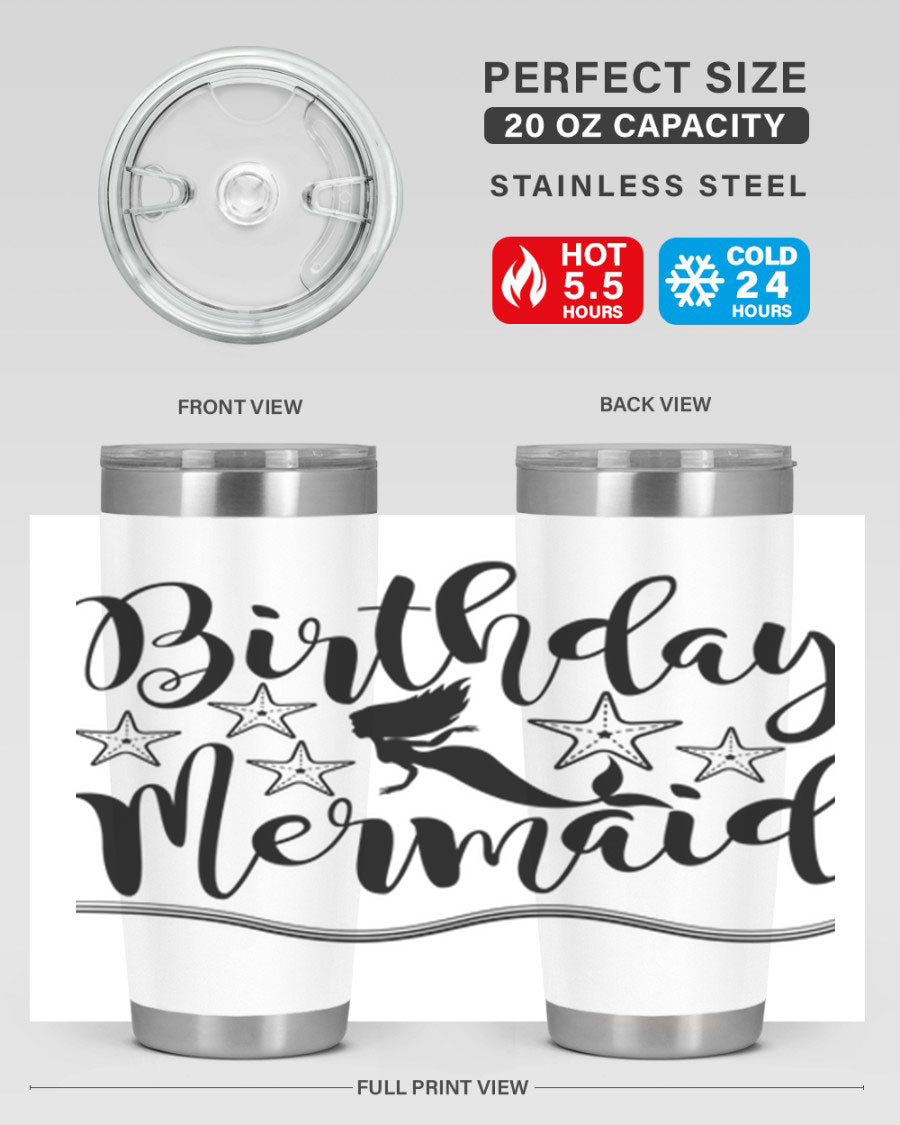 Birthday Mermaid 77# Tumbler in vibrant colors, showcasing its double wall stainless steel design and drink-thru lid.