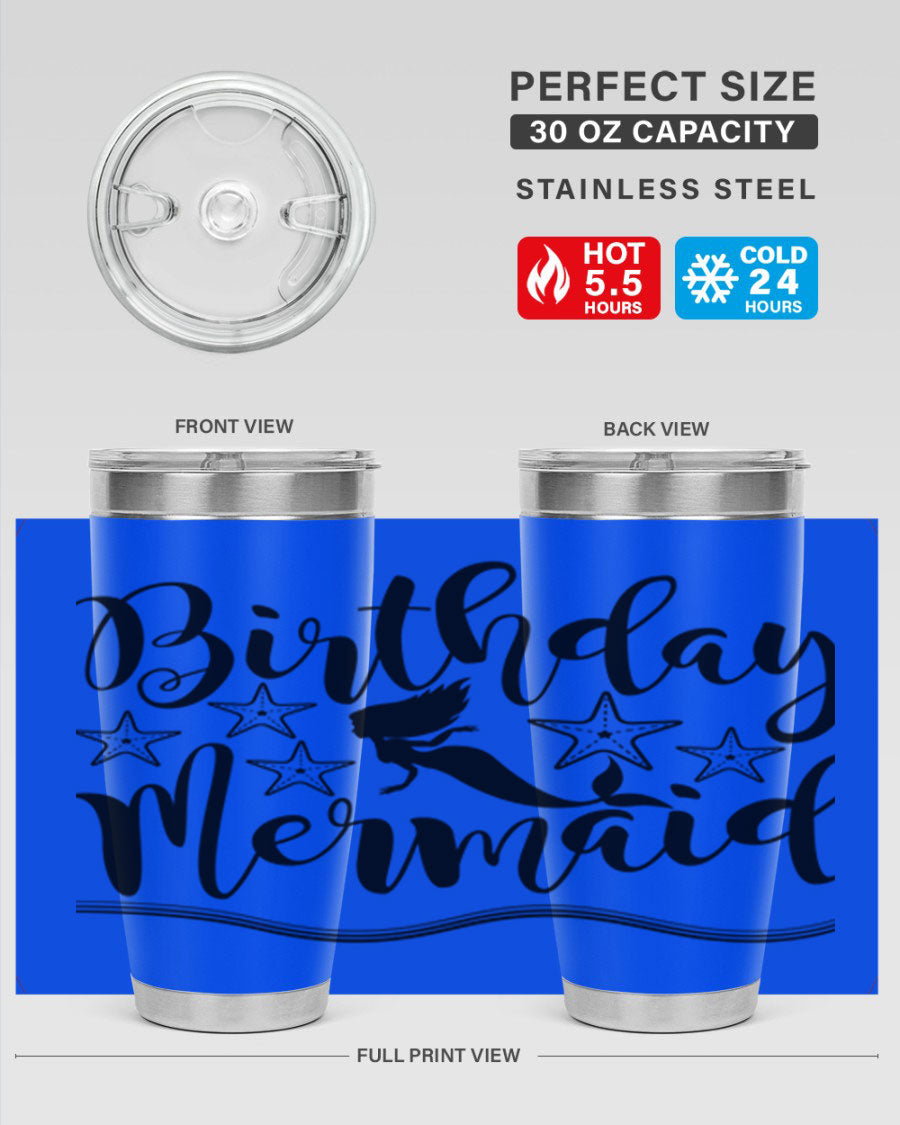 Birthday Mermaid 77# Tumbler in vibrant colors, showcasing its double wall stainless steel design and drink-thru lid.