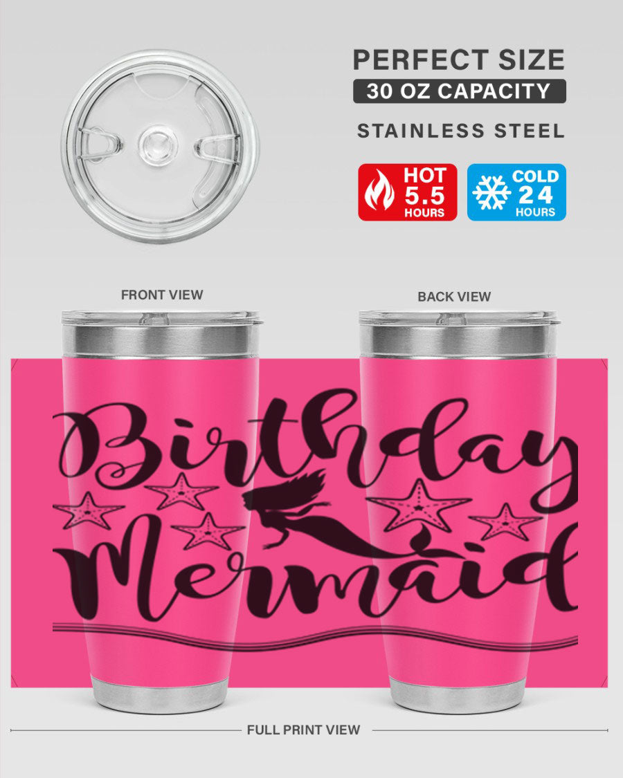 Birthday Mermaid 77# Tumbler in vibrant colors, showcasing its double wall stainless steel design and drink-thru lid.